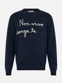 Maglione da uomo blu Heron con ricamo Non vivo senza tequila