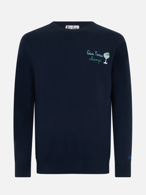 Maglione da uomo blu Heron con ricamo Gin Tonic Champ