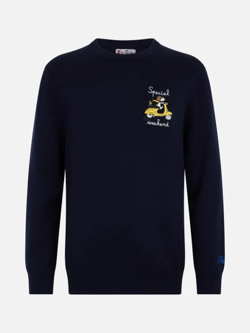 Maglione da uomo blu Heron con ricamo special weekend Snoopy | EDIZIONE SPECIALE SNOOPY PEANUTS