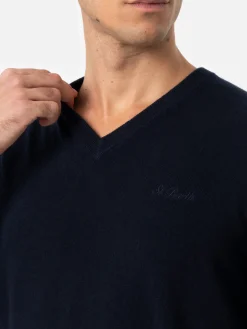 Maglione da uomo blu navy con scollo a V in misto cashmere Regent