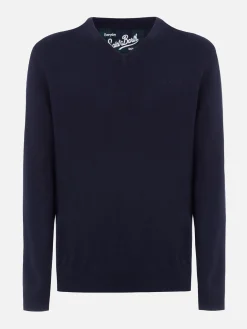 Maglione da uomo blu navy con scollo a V in misto cashmere Regent