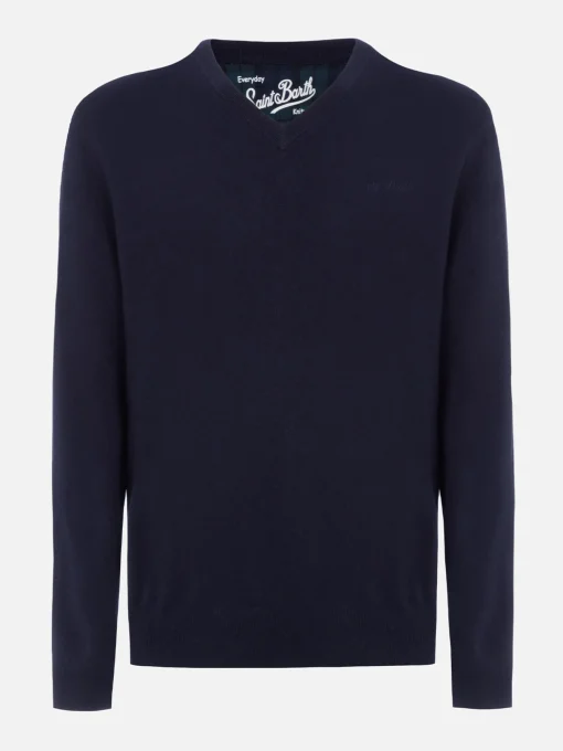Maglione da uomo blu navy con scollo a V in misto cashmere Regent