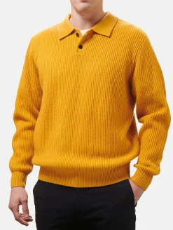 Maglione da uomo Downing in misto cashmere ocra a coste con collo polo