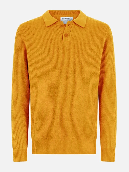 Maglione da uomo Downing in misto cashmere ocra a coste con collo polo