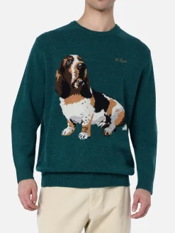 Maglione da uomo verde Airone con stampa basset hound