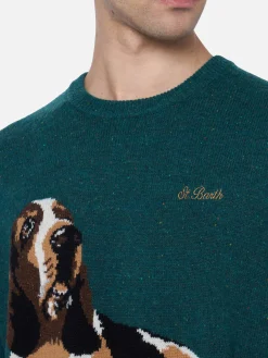 Maglione da uomo verde Airone con stampa basset hound