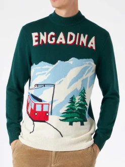 Maglione da uomo verde con cartolina lavorata a maglia