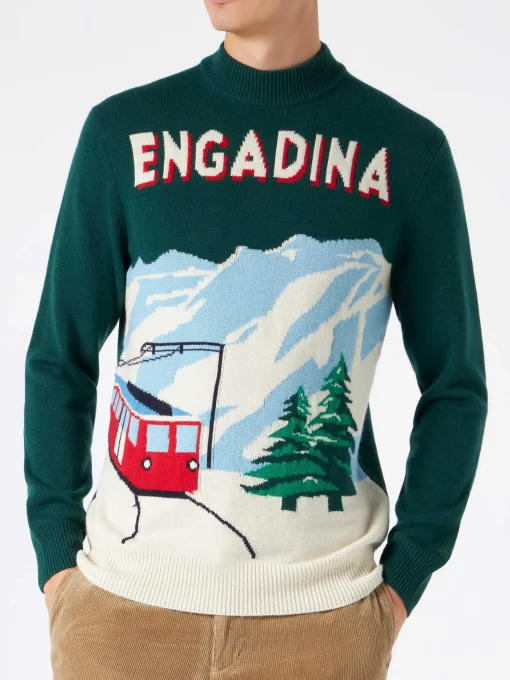 Maglione da uomo verde con cartolina lavorata a maglia