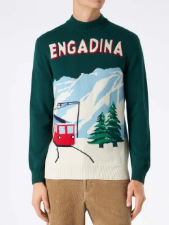Maglione da uomo verde con cartolina lavorata a maglia