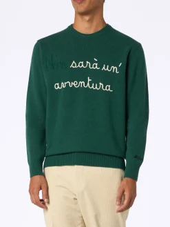 Maglione da uomo verde Heron con ricamo Non sarà un'avventura