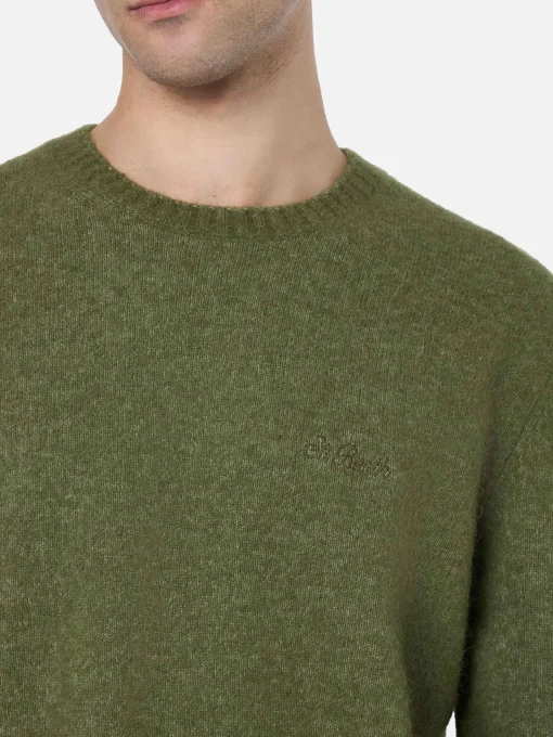 Maglione girocollo elasticizzato verde militare da uomo Regent
