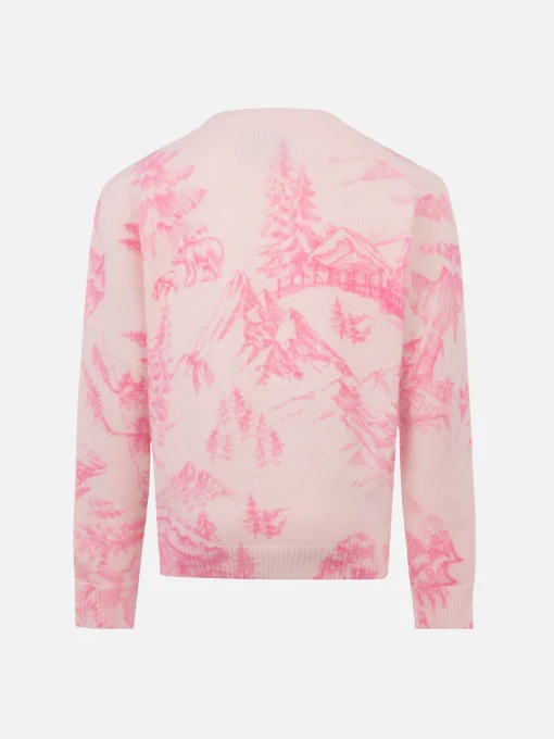 Maglione girocollo rosa da bambina Princess con stampa toile de jouy e ricamo Snow Princess
