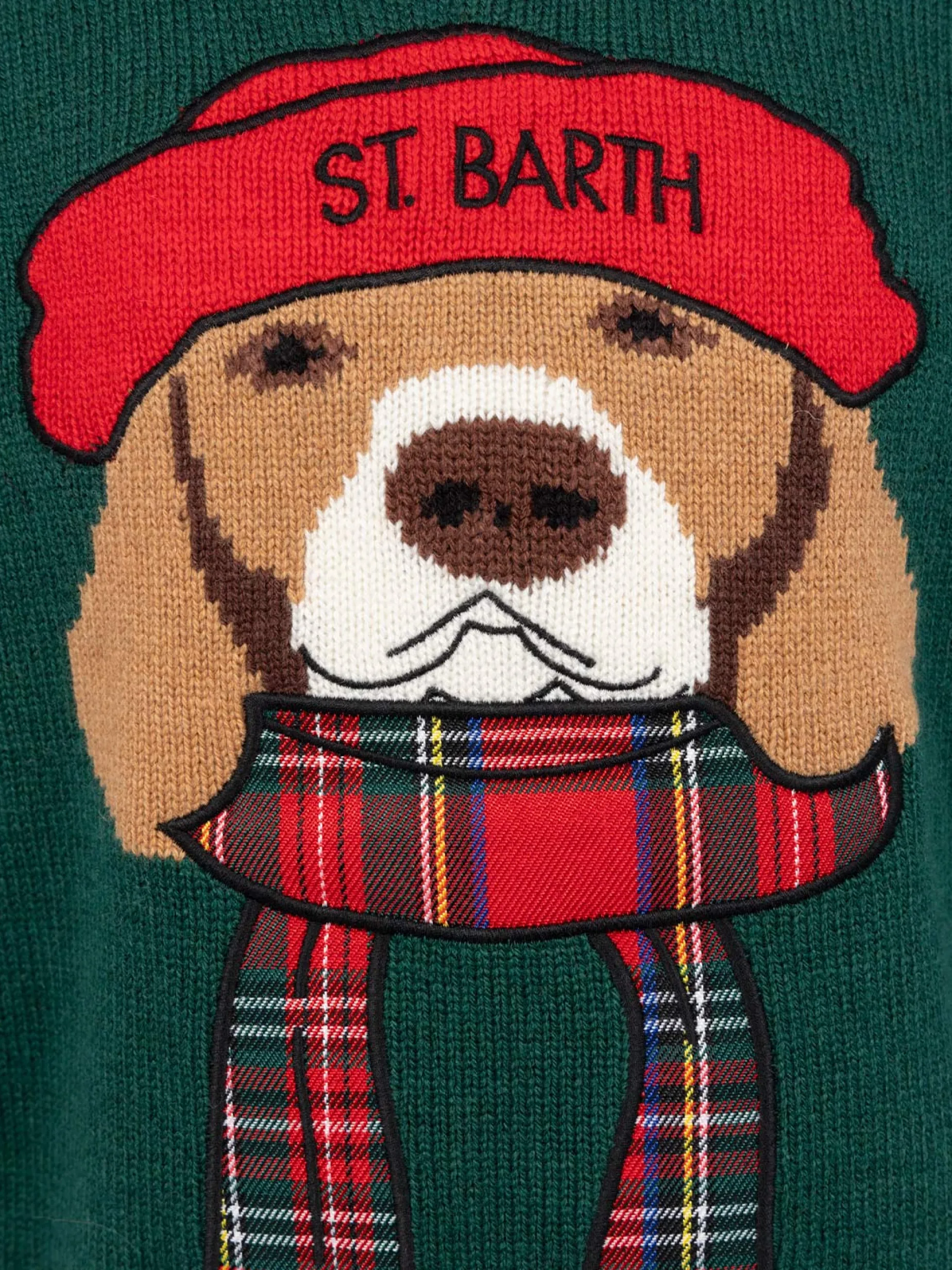 Maglione girocollo verde da bambino con sciarpa beagle Douglas
