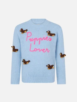 Maglione morbida girocollo da bambina con patch cani all'uncinetto e ricamo Puppies Lover