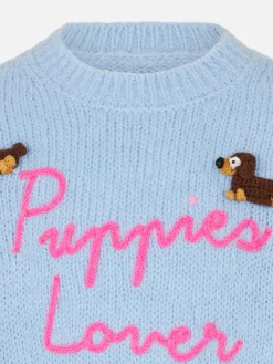Maglione morbida girocollo da bambina con patch cani all'uncinetto e ricamo Puppies Lover