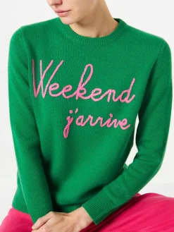 Maglione verde con ricamo Weekend j'arrive rosa fluo