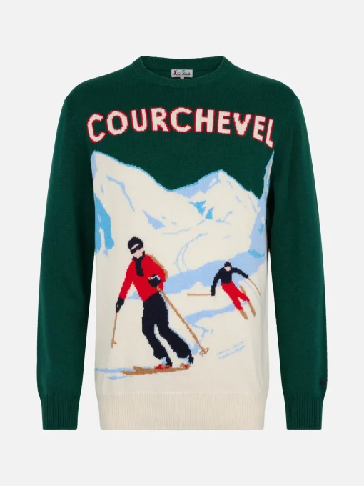 Maglione verde da uomo Heron con stampa cartolina sciatori Courchevel