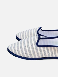 Pantofole friulane in tela a righe blu