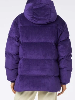 Piumino da donna imbottito in velluto a coste viola con cappuccio