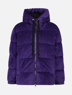 Piumino da donna imbottito in velluto a coste viola con cappuccio