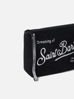 Pochette Aline in lurex nero con ricamo logo
