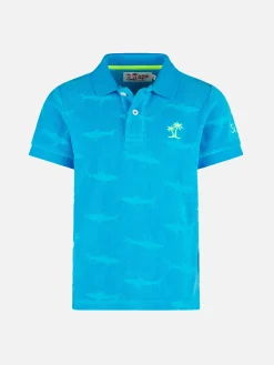 Polo da bambino bluette con squali in spugna in rilievo