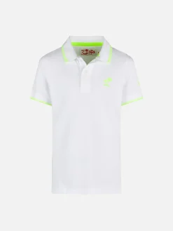 Polo da bambino in piquet bianco con logo St. Barth giallo fluo