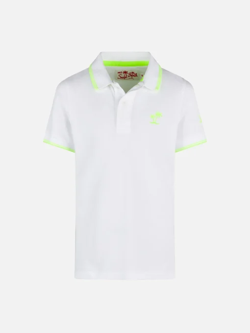 Polo da bambino in piquet bianco con logo St. Barth giallo fluo