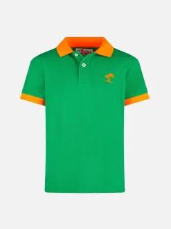 Polo da bambino in piquet verde con logo St. Barth arancione