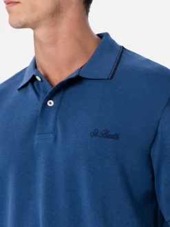 Polo da uomo in piquet di cotone blu denim Beverly Hills