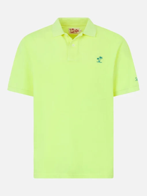 Polo da uomo in piquet giallo fluo con logo St. Barth ed effetto vintage