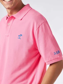 Polo da uomo in piquet rosa con logo St. Barth ed effetto vintage
