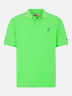 Polo da uomo in piquet verde fluo con logo St. Barth ed effetto vintage