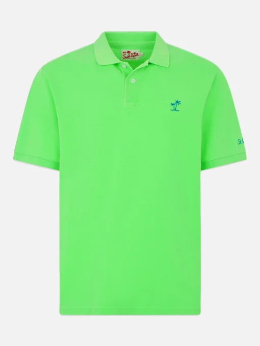 Polo da uomo in piquet verde fluo con logo St. Barth ed effetto vintage