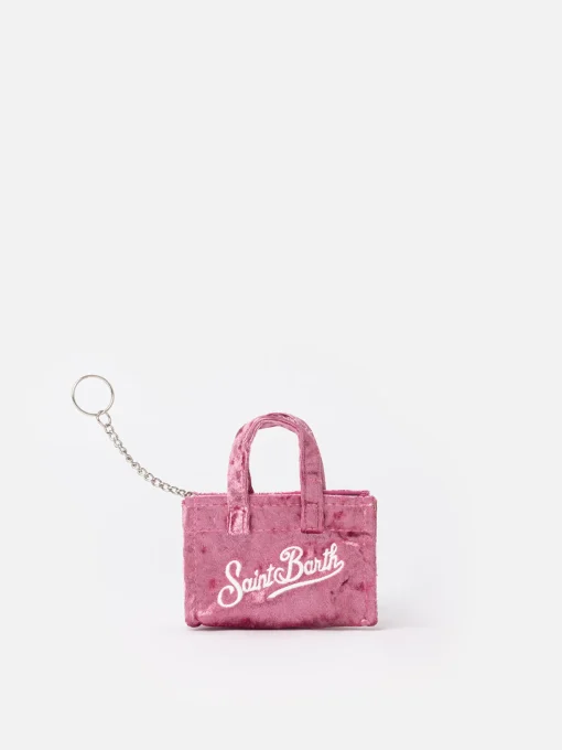 Portachiavi in tessuto ciniglia rosa con ricamo logo