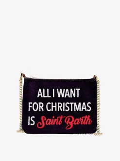 Pouch a tracolla Parisienne in velluto con ricamo All I want for Christmas is Saint Barth