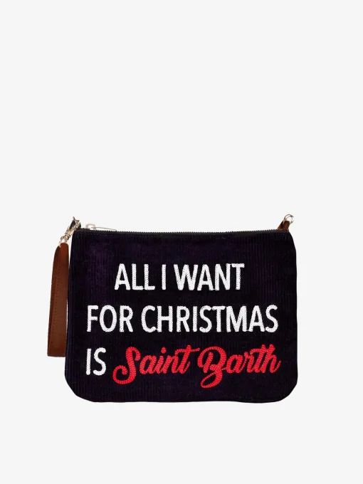 Pouch a tracolla Parisienne in velluto con ricamo All I want for Christmas is Saint Barth