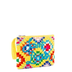 Pouch Parisienne all'uncinetto gialla con ricamo Saint Barth