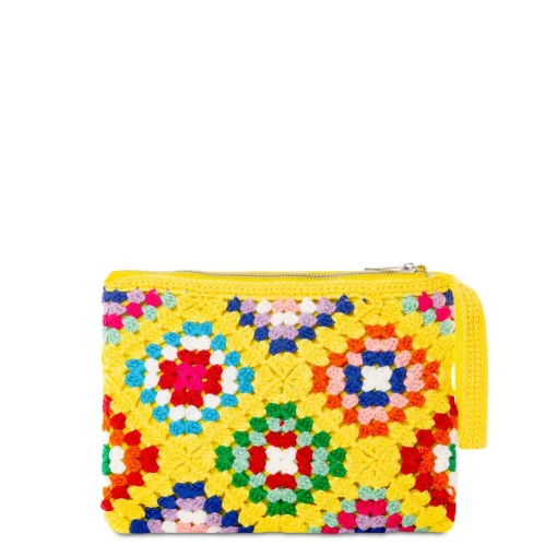 Pouch Parisienne all'uncinetto gialla con ricamo Saint Barth