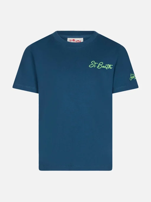 T-shirt blu da bambino in cotone con stampa St. Barth beach