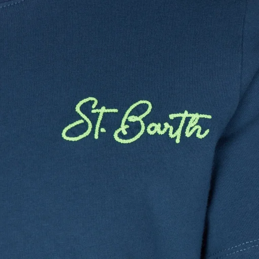 T-shirt blu da bambino in cotone con stampa St. Barth beach