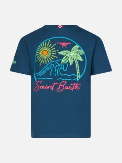 T-shirt blu da bambino in cotone con stampa St. Barth beach