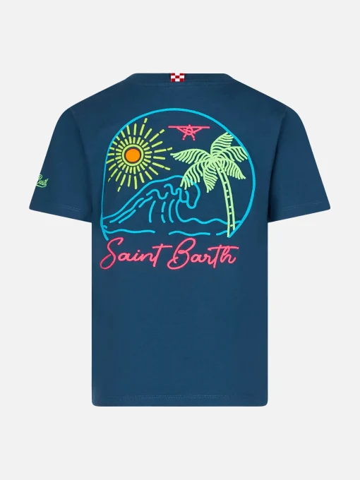 T-shirt blu da bambino in cotone con stampa St. Barth beach