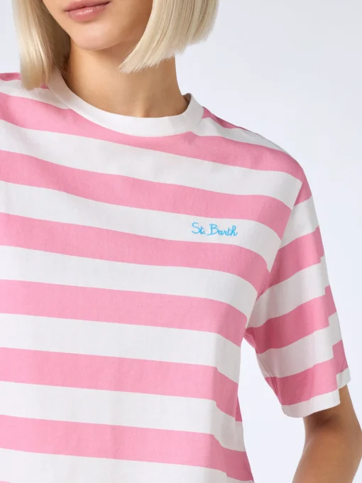 T-shirt corta a righe rosa e bianche da donna