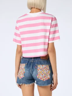 T-shirt corta a righe rosa e bianche da donna
