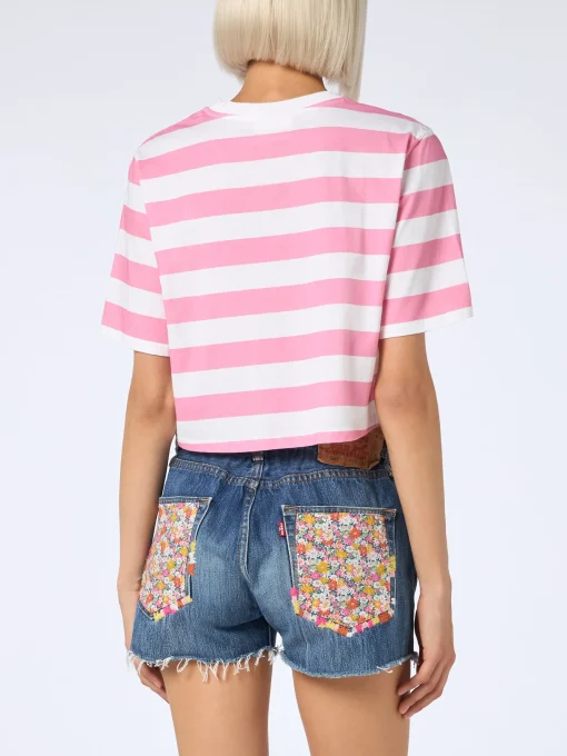 T-shirt corta a righe rosa e bianche da donna