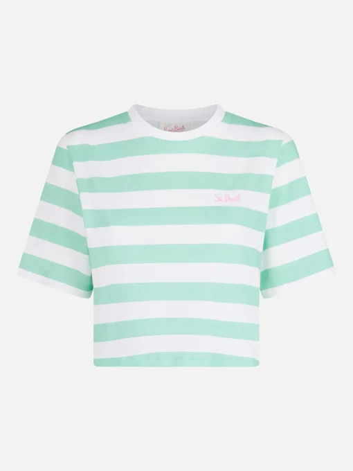 T-shirt corta da donna a righe bianche e acquamarina