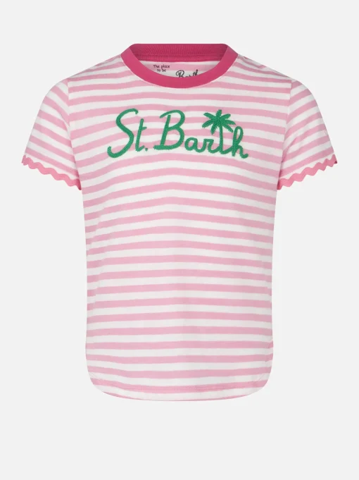 T-shirt da bambina con righe e ricamo