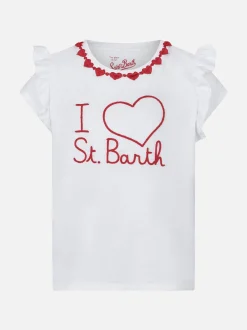 T-shirt da bambina in cotone con balza e ricamo