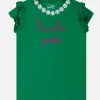 T-shirt da bambina in cotone con balza e ricamo